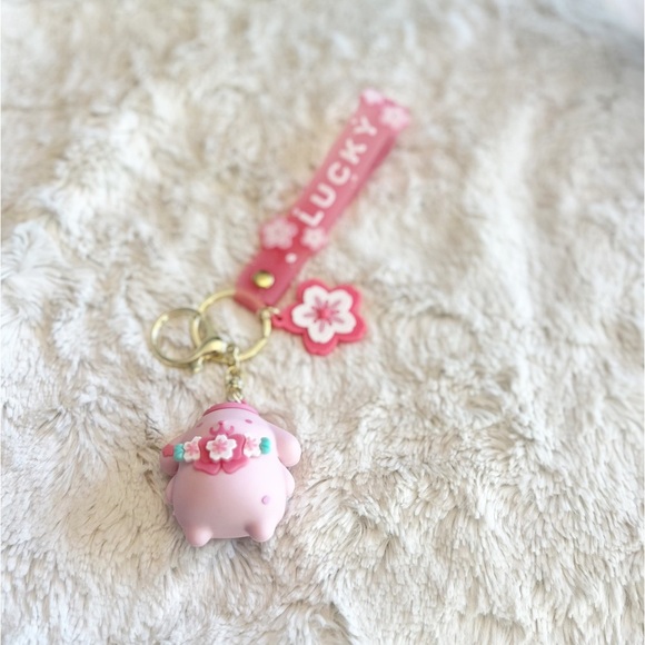 Sanrio Pompompurin Pink With Flowers Keychain Bag Charm Wristlet - Picture 1 of 2